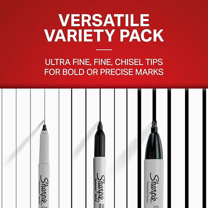 Sharpie Permanent Markers Variety Pack, Featuring Ultra-Fine, Chisel Tip, And Fine Tip Marker Set, Writing And Poster Markers, Black, 6 Count