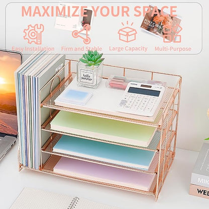 OPNCIE Desk Organizers and Accessories, 4 Tier Paper Letter Tray File Organizer, Office Organization Storage Desk Accessories Workspace Desktop Organizer for Classroom Office Supplies Decor, Rose Gold