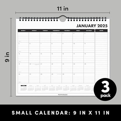 PAPERAGE Calendar 2025-12 Month, (Black), 3 Pack, Minimalist Wall and Desk Calendar with Monthly Views and Yearly Plans – Small (9 in x 11 in)