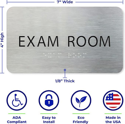 Exam Room Sign for Business - Medical Office Signs, Aluminum Brushed Silver, Tamper-Proof, Heavy Duty Mounting Tape, Easy Install, Office Décor, ADA Compliant, Grade 2 Braille (7”W x 4”H) ADASigns.org