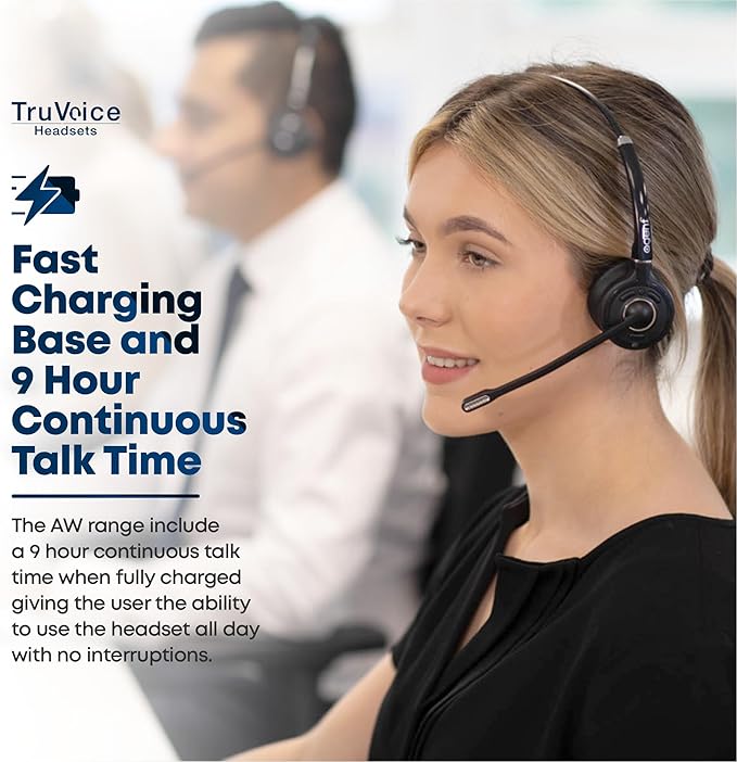 TruVoice Agent AW80 3-in-1 Wireless Headset with Noise Canceling Microphone for Phone, PC and Cell | 500 FT Maximum DECT Range (15 x Bluetooth Distance) - Remote Answer Capability with Additional EHS