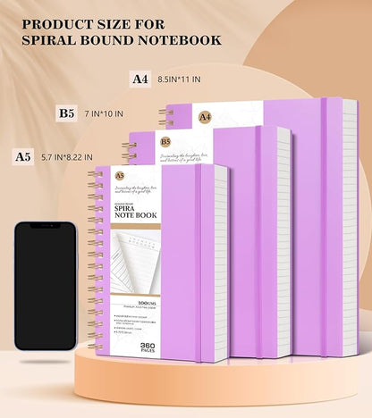Spiral Notebook Journal College Ruled, 360 Pages Lined Thick Journals for Women Men, B5 Big Notebooks with 100GSM Paper, Spiral Bound Journaling for Writing Work School Purple 7.6"×10"