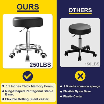 Rolling Stool, Heavy Weight Capacity 250lb, PU Leather Rolling stools, Ultra Soft Padded Seat, Rolling Stools with Wheels and Footrest, 360° Swivel, Spa Drawing Salon Work Office Tattoo Stool (black)