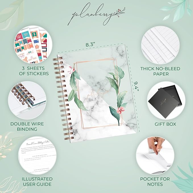 PLANBERRY Large Budget Planner & Monthly Bill Organizer with Pockets – Budgeting Book, Finance & Expense Tracker, 8.3x9.4″ (Natural Green)