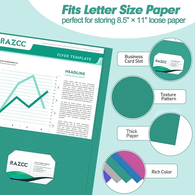Two Pocket Folders, RAZCC 30 Pack 2 Pocket Folders Fit Letter Size Paper, Paper Folders with Pockets for School Office Business Home, Assorted 5 Colors