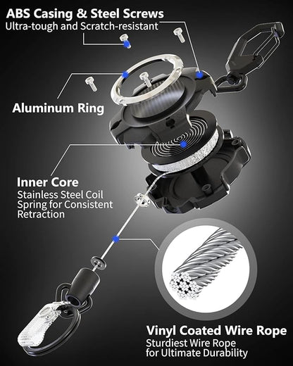 LIUGX Retractable Keychain, Heavy Duty Carabiner Key Chains, 10,000+ Rebound, Impact Resistance Tactical ID Badge Reel with 31.5” Wire Rope and Key Ring, Up to 8oz, Aluminum Ring, Carbon Fiber-Texture