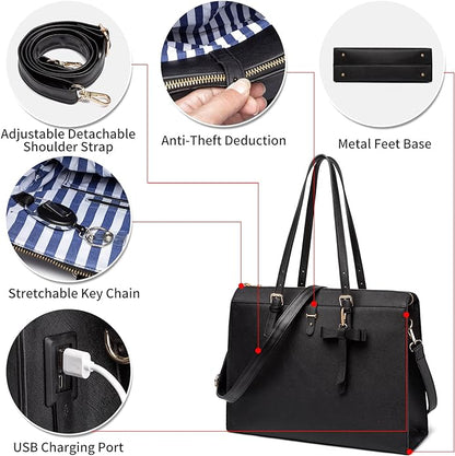 Keyli 4pc Sets Laptop Bag for Women Large Leather Laptop Briefcase with USB Charging Port Computer Shoulder tote Bags Purse