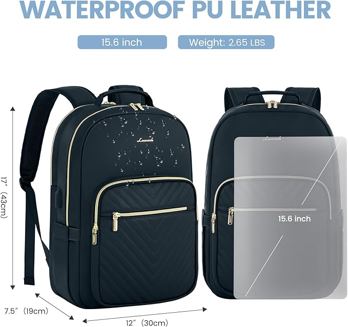 LOVEVOOK Leather Backpack for Women,15.6 inch Leather Laptop Backpack Women Computer Backpack Laptop Bag,Stylish Quilted Travel Backpack Purse Work Bag Teacher Backpack with USB Port,Dark Blue-green