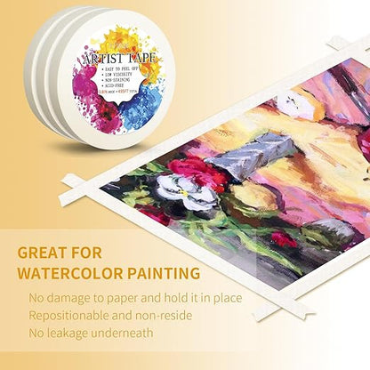 3 Packs White Artist Tape for Watercolor Paper Drafting Art Low Tack Masking Tape Acid Free Painter Watercolor Tape for Painting Canvas Framing, 0.8inch Wide 495FT Long Total