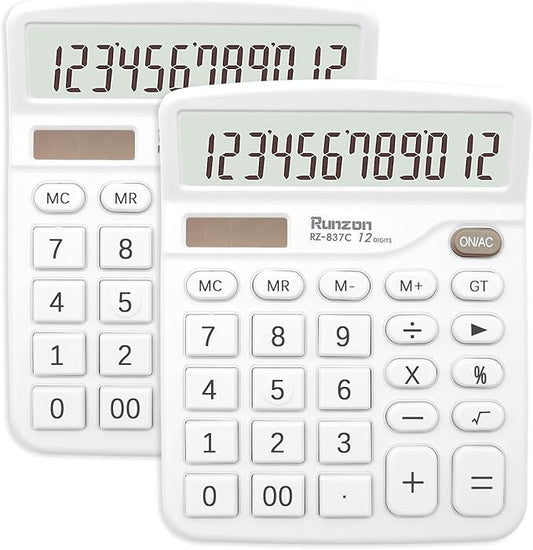 2PC White Calculator, Solar Battery Dual Power Calculator,Desktop Calculator 12 Digit with Large LCD Display, White Office Supplies with Sensitive Button, White Desk Accessories, School Supplies