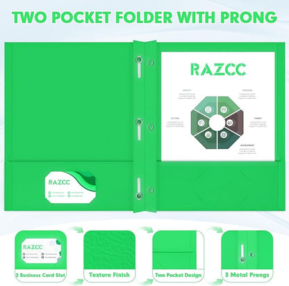 Two Pocket Folders, RAZCC 75 Pack Two Pocket Folders with Prongs, 3 Prong Folders Fit Letter Size Paper, Pocket File Folders for School Office Home Business, Green