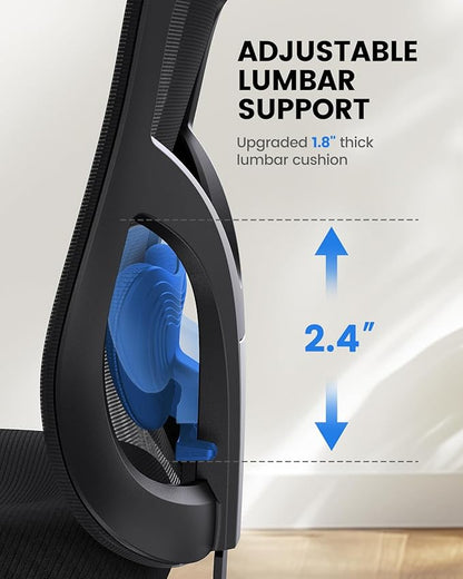 NOBLEWELL Ergonomic Office Chair with Padded Lumbar Support, 2D Headrest, Adjustable Armrests, Upgraded Contoured Seat Cushion, 130° Rocking Tilt, Computer Chair for Home Office, NWOC1-1
