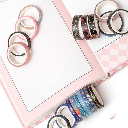 YUBX Skinny Galaxy Washi Tape Set 30 Rolls Gold Foil Decorative Starry Space Masking Tapes for Arts, DIY Crafts, Journals, Planners, Scrapbook, Wrapping