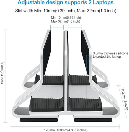 Aluminum Dual Vertical Laptop Stand Dock Holder, Supports 2 Devices, Adjustable Slot Width 15-36mm, Space-Saving Upright Storage for MacBook and Laptops