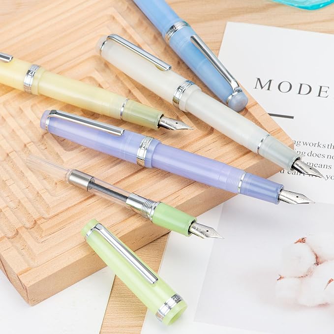 Jinhao 82 Acrylic Fountain Pen, Iridium Bent Nib with Ink Converter, Transparent Light Blue Classic Design Smooth Writing Pen (Silver Trim)