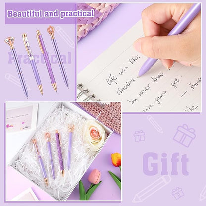 BESARME 4 Pcs Purple Pens Set, Mother's Day Gifts Purple Gifts for Women Girls Crystal Diamond Fancy Pens Christmas Gift for Women Black Ink Pretty Cute Pens for School Wedding Office Supplies