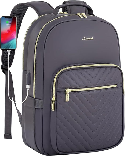 LOVEVOOK Leather Backpack for Women,15.6 inch Leather Laptop Backpack Women Computer Backpack Laptop Bag,Stylish Quilted Travel Backpack Purse Work Bag College Teacher Backpack with USB Port,Purple