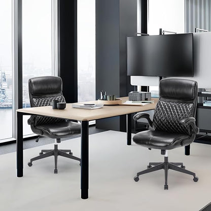 COLAMY Office Chair High Back Executive Computer Desk Chair, Ergonomic Home Office Chair with Padded Flip-up Arms, Adjustable Height and Tilt, Swivel Task Chair with Thick Leather, Diamond Black
