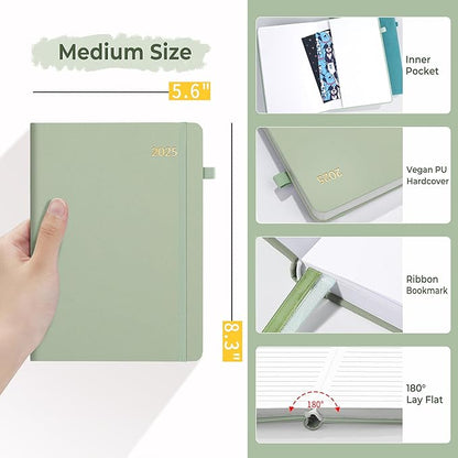 SUNEE 2025 Weekly & Monthly Hardcover Planner 5.5" x 8.3" - 12 Month (January 2025 - December 2025), Small Hardcover Planner, Pocket, Notes, 100 GSM Paper, Sage Green