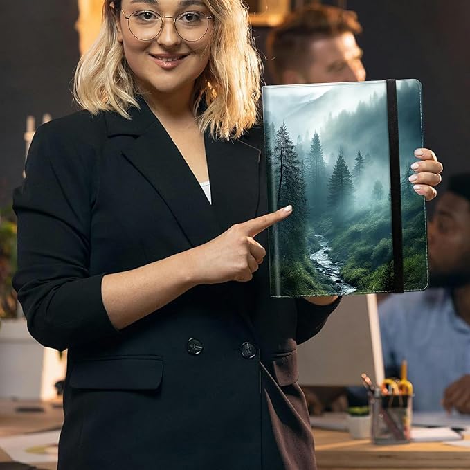 Forest in Rain Padfolio Folder with Clipboard,Portfolios Organizer Clipboards with Storage Clipboard Writing Pad PU Leather Conference Document Organizer with Business Card Holder