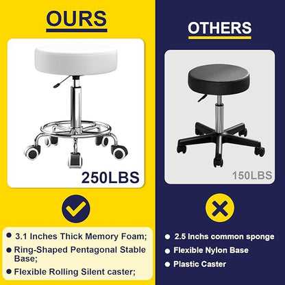 Rolling Stool, Heavy Weight Capacity 250lb, PU Leather Rolling stools, Ultra Soft Padded Seat, Rolling Stools with Wheels and Footrest, 360° Swivel, Spa Drawing Salon Work Office Tattoo Stool (white)