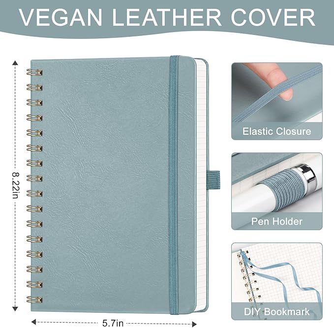 AHGXG Graph Paper Notebook - Spiral Notebook Hardcover Leather Journal 140 Pages, A5 Grid Paper Notebook 5.7" x 8.3", 100 gsm Thick Paper, for School Writing Graphing Engineering, GrayBlue