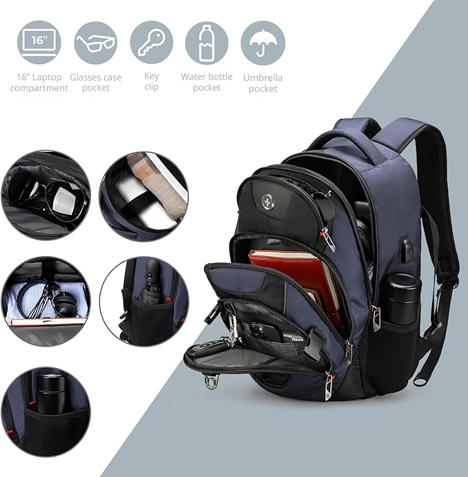 Swissdigital Design Large Business Laptop Backpack with Smart USB Charging Port, Travel Backpack Fits 15.6 inches laptops, Water Repellent College Backpack for Men Women (VECTOR SD803-12 Blue/Black)