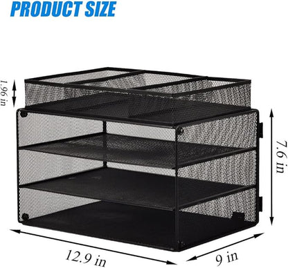 EASEPRES Paper Organizer Tray, 3 Tier Mesh Desk File Organizer Letter Sorter Holder with Drawer for Home Office, Black