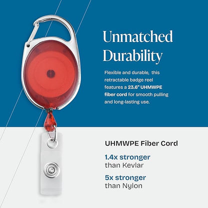 Will Well ID Badge Holders with Clip and Keyring - Horizontal Clear Plastic 3.7" x 2.5" Sleeves Fit Up to 3 Cards - Retractable 24" UHMWPE Fiber Pull Cords - 2-Pack, Transparent Red Reels