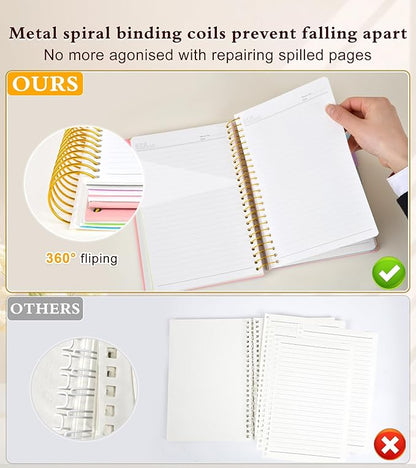 5 Subject Notebook College Ruled, Hardcover Spiral Notebook with Removable Pocket Dividers Tabs, 240 Pages Lined Spiral Journal Notebook for Women, 6x8.5 Notebooks for Work School Note taking A5 Pink