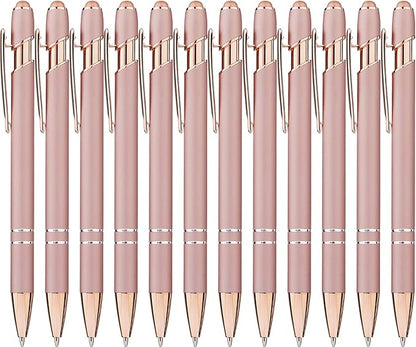 LINFANC 12 Pack Rose Gold Ballpoint Pen with Stylus Tip, 1.0 mm Black Ink Smooth Writing Pens, Metal Stylus Pens for Touch Screens