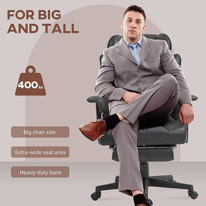 HOMCOM Executive Office Chair, 400LBS Big and Tall Office Chair with Foot Rest, Microfiber Computer Desk Chair with Lumbar Support, Reclining Function and Wide Seat, Black