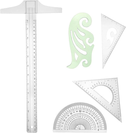 5 Pieces Drafting Tools Plastic Transparent Rulers Drawing Ruler 12 Inch T-Square 180 Degree Protractor, 2 Triangles and a French Curve for Students and Engineering Drawing
