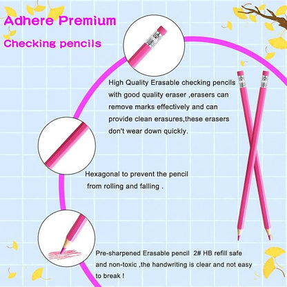 Adhere 25pcs Checking Pencils Erasable colored Pencils Pre-Sharpened #2 HB,for Checking Tests Grading Map Coloring,school Correcting,editing Office Favors,including a Free sharpener.(Pink)