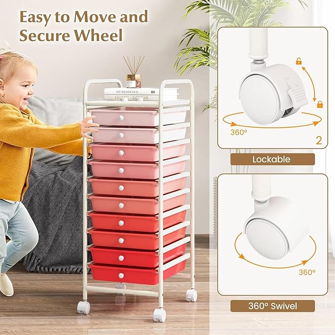 Storage Cart, Rolling Utility Cart with 10 Drawers, Portable Handles & Lockable Wheels, Mobile Paper Toys Storage Organizer Large Capacity for Home Office School Teacher (Gradient Pink)