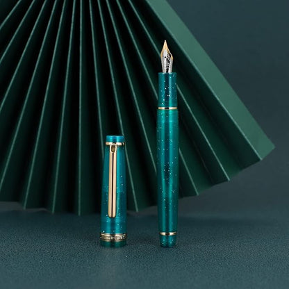 Jinhao 82 Acrylic Fountain Pen, Iridium Extra Fine Nib with Ink Converter, Transparent Peacock Blue Fluorescent Classic Design Smooth Writing Pen (Gold Trim)
