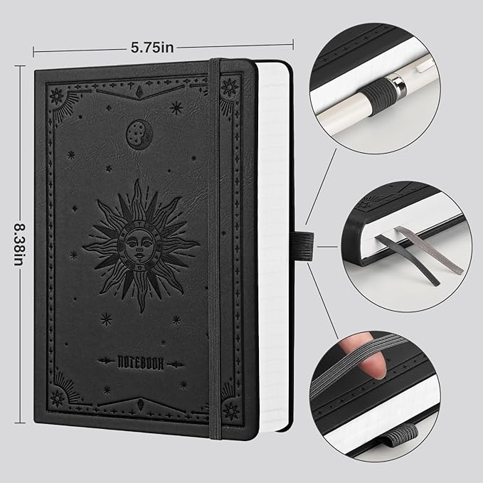 EMSHOI Bullet Dotted Journal Notebook - 320 Pages, 100gsm Thick Paper, A5 Hardcover Leather, Dot Grid Notebook for Women Men Work Writing, Bullet Journaling, Drawing, 5.75 x 8.38, Black