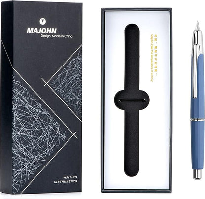 Majohn A2 Press Fountain Pen Extra Fine Nib with Box, Retractable Blue Resin Ink Pen with Converter Writing Pen Set (Silver Clip Version）
