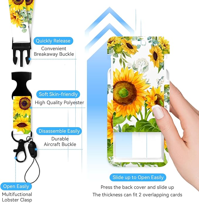 Sunflower Badge Holder with Retractable Reel and Breakaway Lanyard，Badge Clips Retractable Heavy Duty Badge Reel，Funny Keychain，ID Holder with Breakaway Lanyard for School Nurse Office Teen