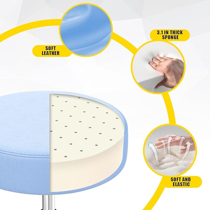 Rolling Stool, Heavy Weight Capacity 250lb, PU Leather Rolling stools, Ultra Soft Padded Seat, Rolling Stools with Wheels and Footrest, 360° Swivel, Spa Drawing Salon Work Office Tattoo Stool (blue)