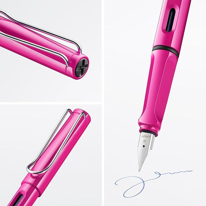 LAMY safari pink - Fountain Pen with ergonomic grip & polished steel nib in size F - ideal for any Writing & Calligraphy - including LAMY T 10 blue cartridge - Right-Handed
