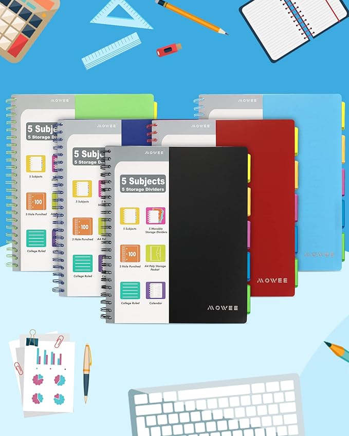 Spiral Notebook - 5 Subject Notebook, College Ruled Notebook With Dividers Pocket, Tabs Label (3PackBlack)