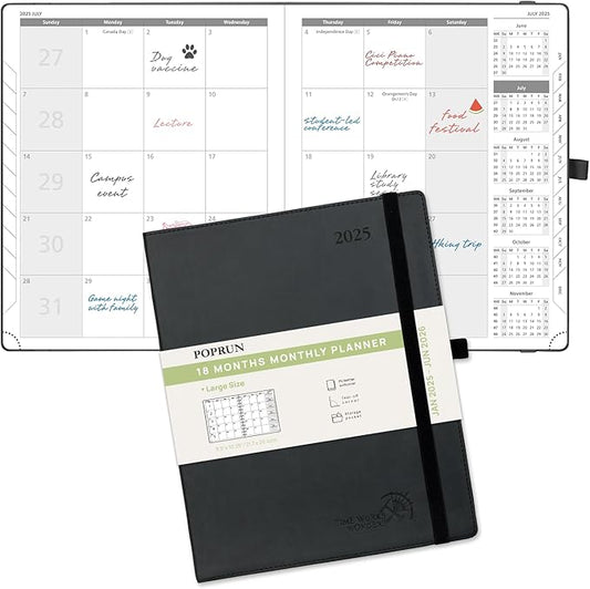 POPRUN Monthly Planner 2025-2026 (Large- 8.5" x 10.5" Soft Cover), 18-Month Calendar Book (January 2025-June 2026), Calendar Planner with Monthly Tabs & Pocket, 100 GSM Paper - Black
