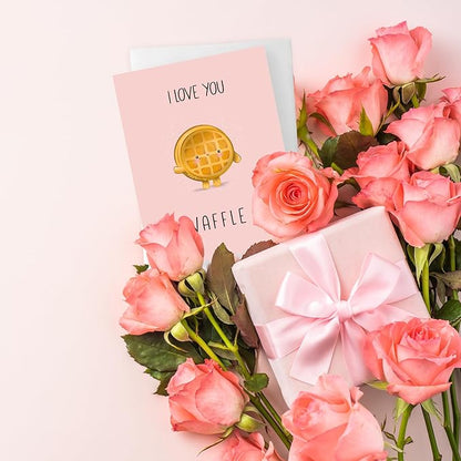 ALY LOU Anniversary Card for Her Him/Girlfriend Wife/Husband Boyfriend, Friendship Thank You Birthday Kawaii Greeting Card (I Love You A Waffle Lot)