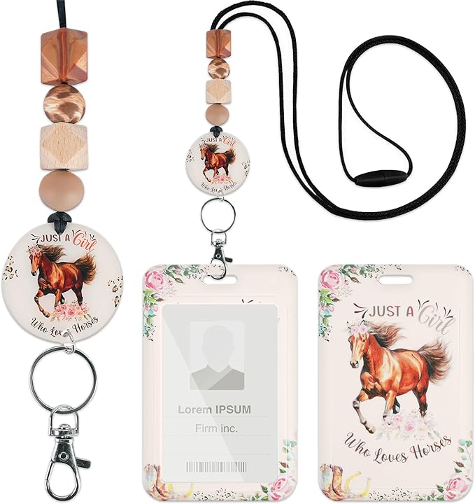ID Badge Holder with Lanyard, Horse Flowers Western Badge Holder with Beaded Adjustable Lanyard, Horse Lovers Gifts for Teachers Students Office Workers