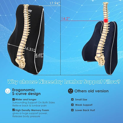 Lumbar Support Pillow for Office Chair Car Back Support Pillow, Memory Foam Gaming Chair Desk Chair Back Cushion for Lower Back Pain Relief, Ergonomic Back Rest with Double Adjustable Straps