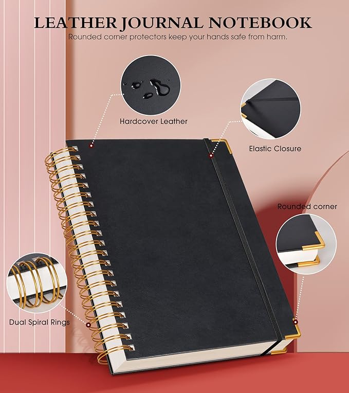 Spiral Notebook Journal 7.6” x 10”, 300 Pages Hardcover Leather Lined Journals for Women Men, B5 Large College Ruled Notebooks with 100 GSM Thick Paper, Spiral Journal for Writing Work School, Black