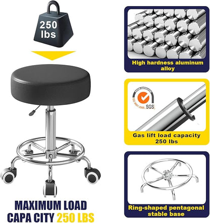Rolling Stool, Heavy Weight Capacity 250lb, PU Leather Rolling stools, Ultra Soft Padded Seat, Rolling Stools with Wheels and Footrest, 360° Swivel, Spa Drawing Salon Work Office Tattoo Stool (black)