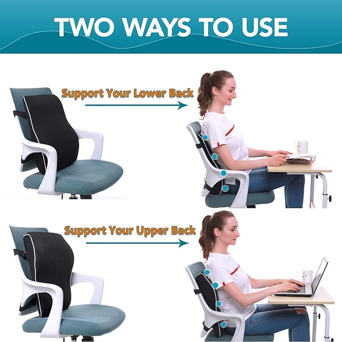 QUTOOL Lumbar Support Pillow for Office Chair Back Support Pillow for Car, Computer, Gaming Chair Memory Foam Back Cushion for Back Pain Relief Improve Posture, Mesh Cover Double Adjustable Straps