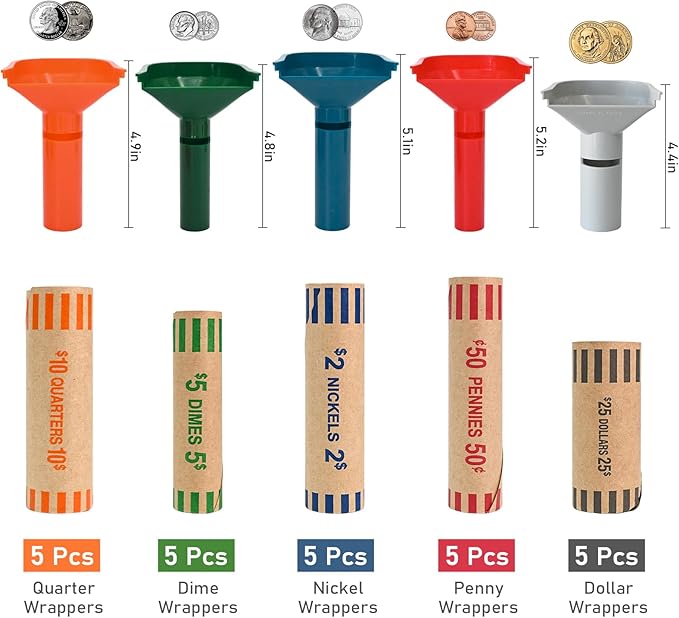 L LIKED 30 Assorted Preformed Coin Wrappers & 5 Coin Sorters Tubes, Color-Coded,Easy to Load